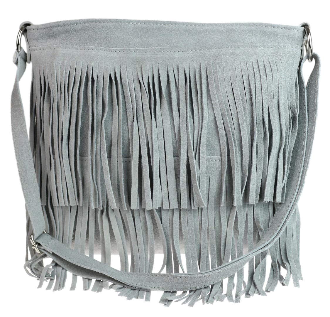 Girly Handbags Womens Large Genuine Suede Fringe Shoulder Bag Crossbody Slouch Elegant - Light Grey