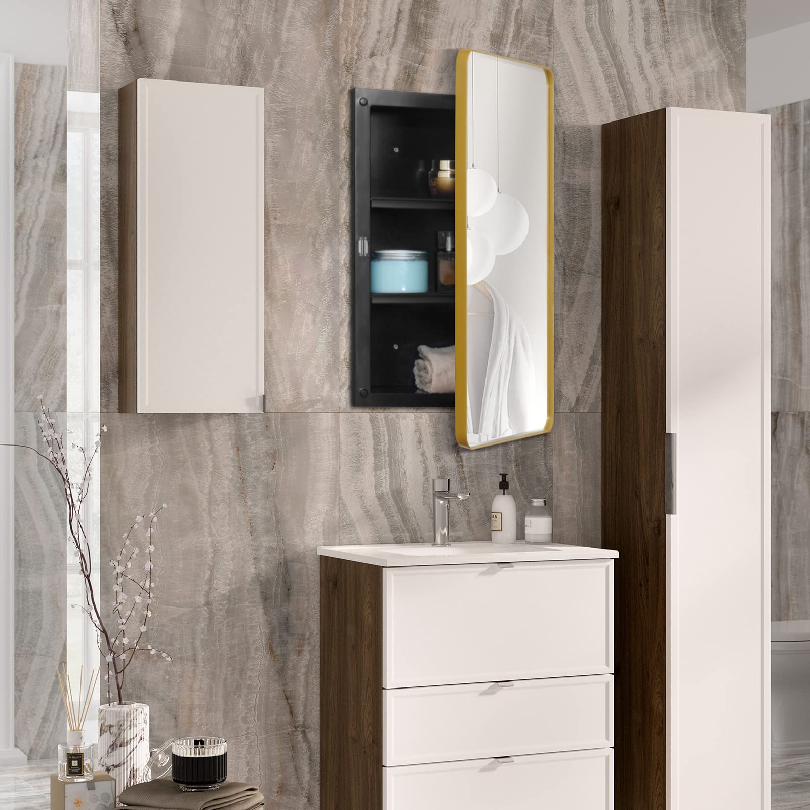 Fundin Plastic Medicine Cabinet, Beveled Edge Mirror Door with Round Corner Metal Frame, Recessed and Surface Mount Bathroom Medicine Cabinet, Golden,16 x 24 inch Mirror Size