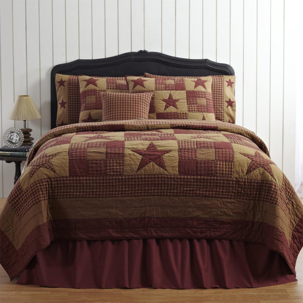 VHC BrandsNinepatch Star King Quilt 105Wx95L Country Patchwork Design, Burgundy