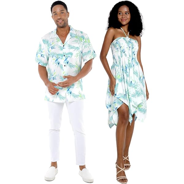 Matchable Couple Hawaiian Luau Shirt Or Rahee Mini Dress In Hibiscus Blue