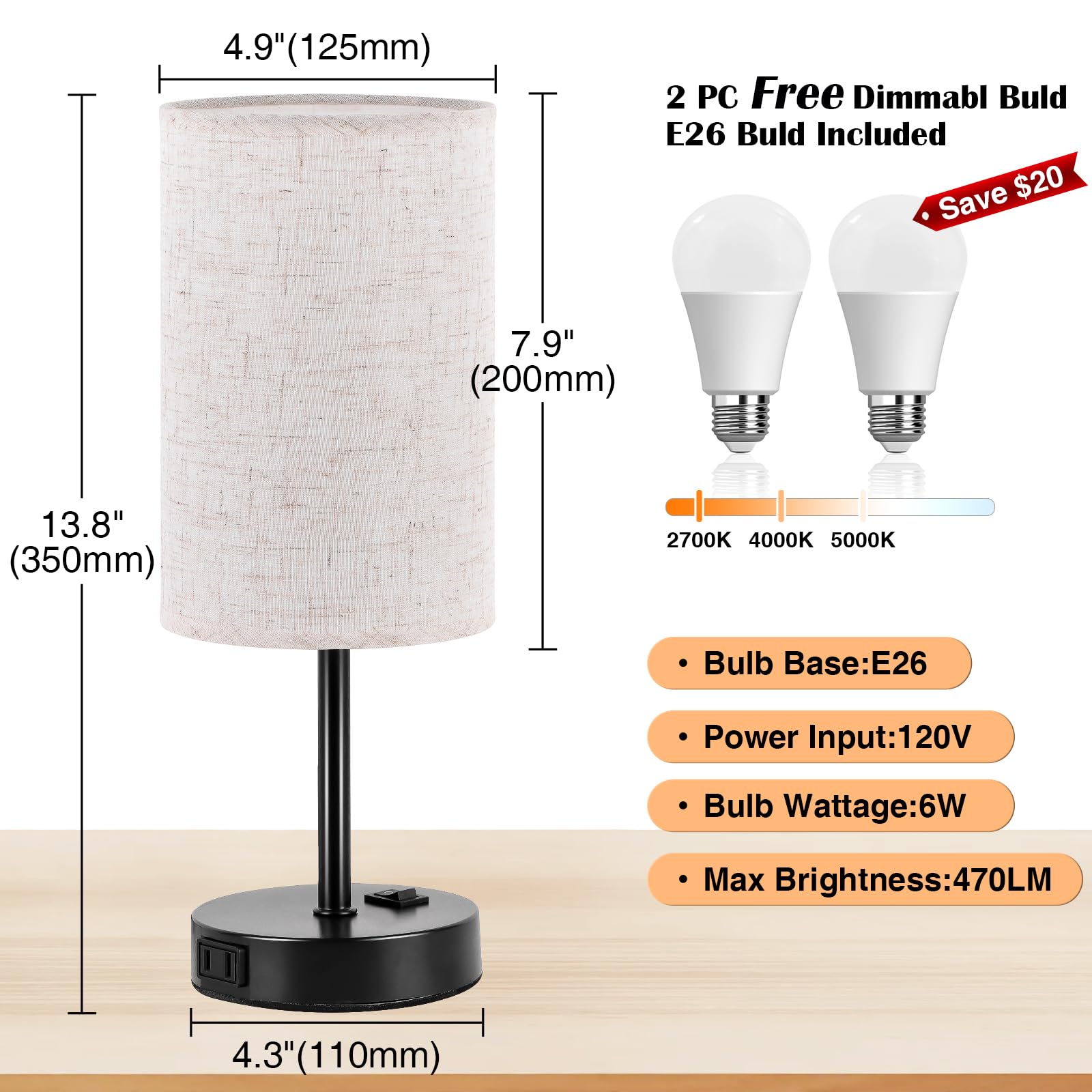 ZJOJO Table Lamp for Bedroom Set of 2, Bedside Small Lamps with 3 Way Dimmable Rocker Switch and AC Outlet, Nightstand Desk Lamp with Flaxen Fabric Shade Black Base for Living Room Home Decor Lights
