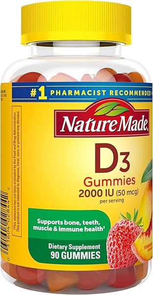 NATURE MADE VITAMIN D3 2000 IU PER SERVING GUMMIES, BONE, TEETH, MUSCLE AND IMMUNE HEALTH SUPPORT, 45 DAY SUPPLY, 90 VITAMIN D GUMMIES FOR ADULTS