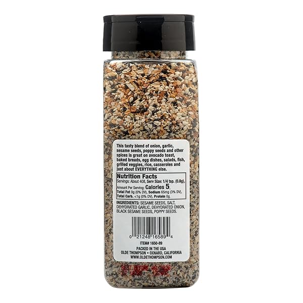 OLDE THOMPSON EVERYTHING BAGEL SEASONING, 11.5OZ – MUST HAVE KITCHEN ESSENTIAL, PANTRY OR SPICE RACK NECESSITY, GREAT TOPPING FOR BAKED GOODS, TOAST, AVOCADO, EGGS, SALADS, AND VEGETABLES