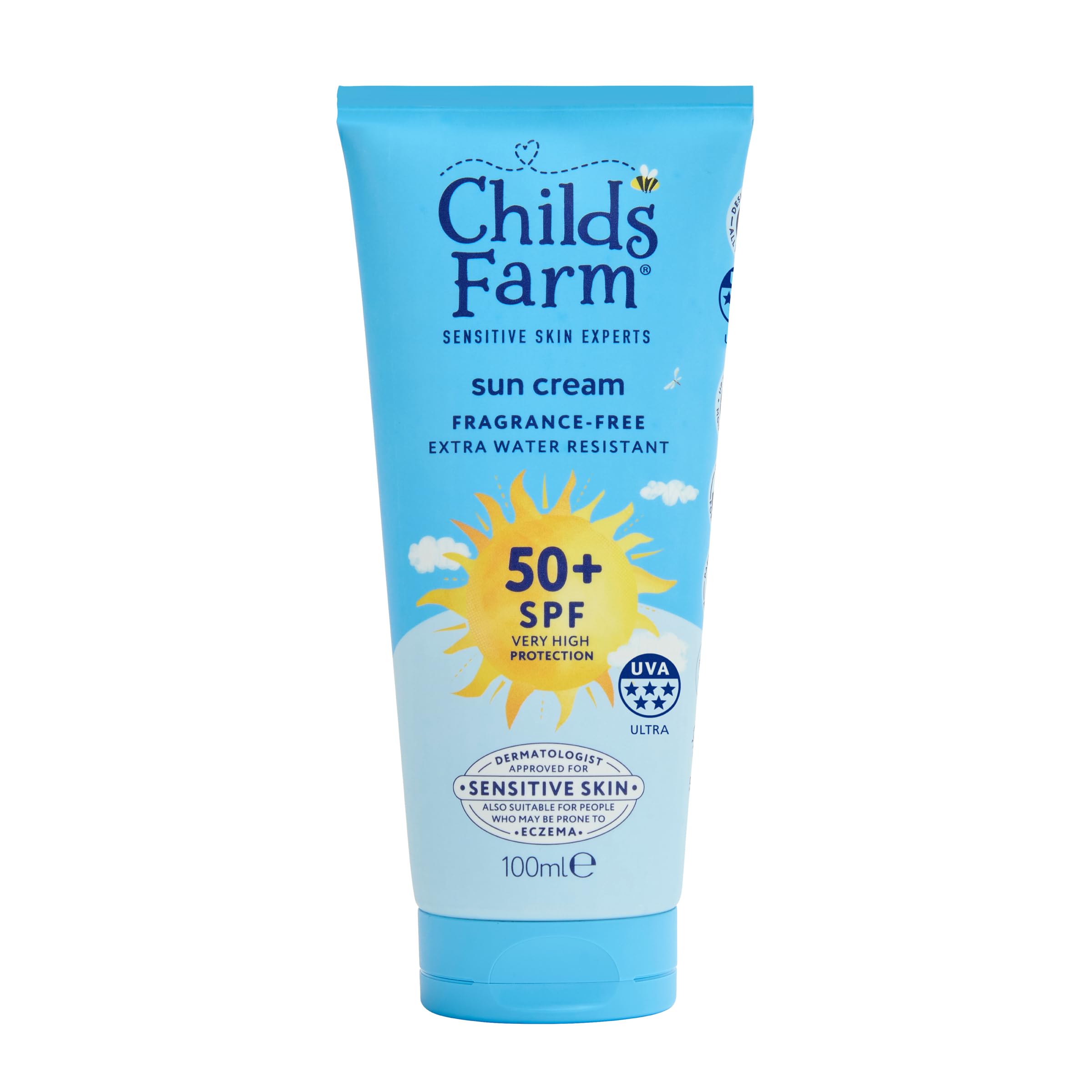 Childs Farm Kids & Baby Sun Cream SPF 50+ | UVA & UVB Very High Protection | Extra Water Resistant | Fragrance Free | Suitable for Dry, Sensitive Skin, 100ml