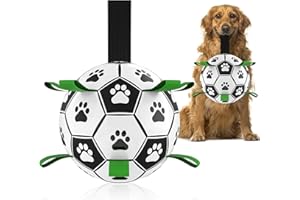 QDAN Dog Toys Soccer Ball with Straps, World Cup Interactive Dog Toys for Tug of War, Puppy Birthday Gifts, Dog Tug Toy, Dog Water Toy, Durable Dog Balls for Medium Large Dogs（8 Inch）