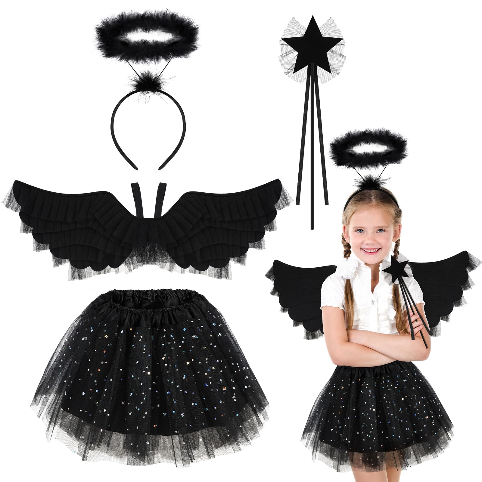 Hifot Angel Costumes Girls,Tutu Skirt Dark Angel Wings and Halo Angel Wings Wand Fancy Dress Wicked Halloween Costume Kids Black Angel Cosplay