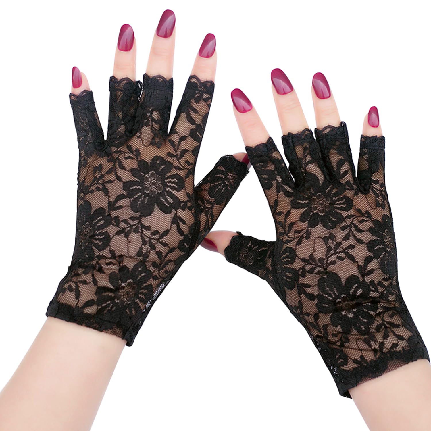 TRIXES Black Short Fingerless Lace Gloves - Goth Punk Rocker Fancy Dress Costume - Carnival Halloween Fashion Accessories