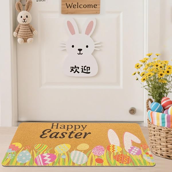 IZUS SPRING HAPPY-EASTER WELCOME-DOORMATS NON-SLIP-COIR OUTDOOR-ENTRANCE-DECOR – FRONT-DOOR-MAT INDOOR HOME PORCH COLORFUL-EGGS/BUNNY-EARS/TULIPS-FLORAL DECOR 17X29INCH