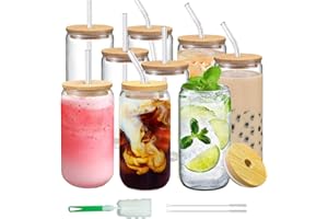 DAMCONME 9 Pack Glass Cups with Bamboo Lids and Straws, 16oz Glass Cup with Lids and Straws, Glass Coffee with Lids and Straws, Drinking Glasses,Beer Glasses, Iced Coffee Cups