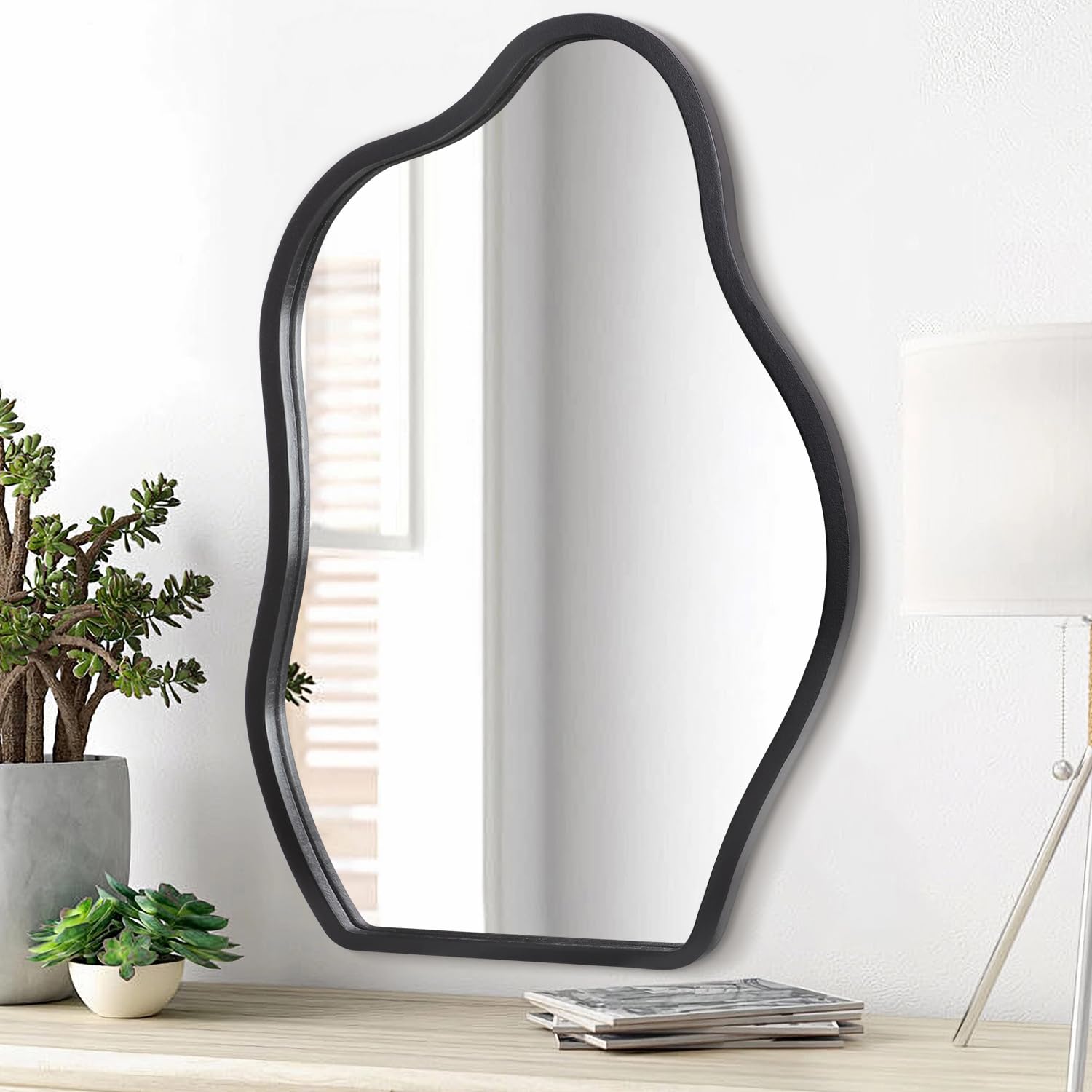 Lzuso Asymmetrical Wall Mirror With Wood Frame Irregular Modern Hanging Mirrors for Wall for Vanity Living Room Bedroom Bathroom Entryway Hallway Modern Unique Decorative Artistic