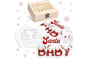 RattanView 50 Pcs Double Side Christmas Santa Baby Shower Party Advice and Prediction Cards Game Santa Baby Shower Party Decor with Wooden Keepsake Box for Christmas New Year Birthday Game Cards