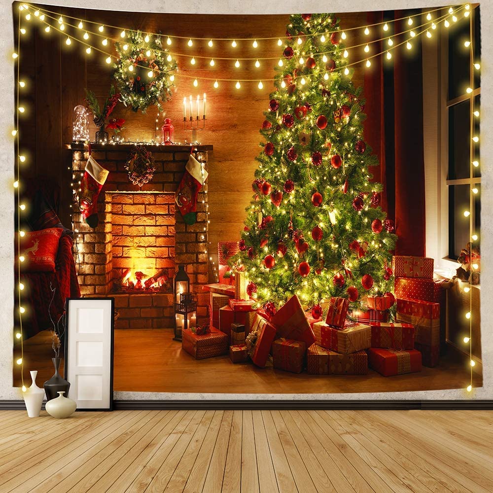Mr.Bee Tapestry Colorful Backdrop, Xmas Santa Claus, Reindeer, Tree and Fire Place for The Living Room Background Wall Hanging for Party Home Christmas Wall Decor (W59 x L51)
