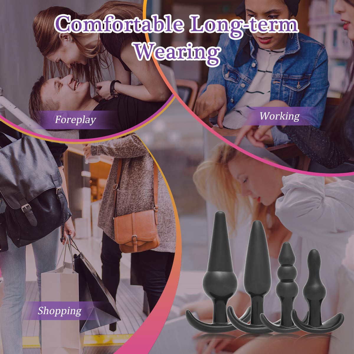 YUECHAO Anal Plugs Trainer Kit Comfortable Beginner Anal Butt Plug Set Medical Silicone TPE Prostate Massager for Male and Female Anal Trainer Kit Different Size Same Color 4 Pack (Black 4 PCS)