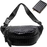 Woven PU Leather Fanny Packs for Men and Women, Stylish Shoulder Sling Crossbody Purse Adjustable Strap, Unisex Bum Waist Bags for Festival Travel Shopping Outdoor (Black, Large)