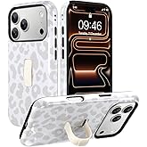 Ufbara Compatible with iPhone 17 Pro Max Case, Cute Glossy Cheetah Leopard Design, Built in Adjustable Wrist Strap Grip Hand Holder Stand Kickstand Shockproof Hard Cover (White)