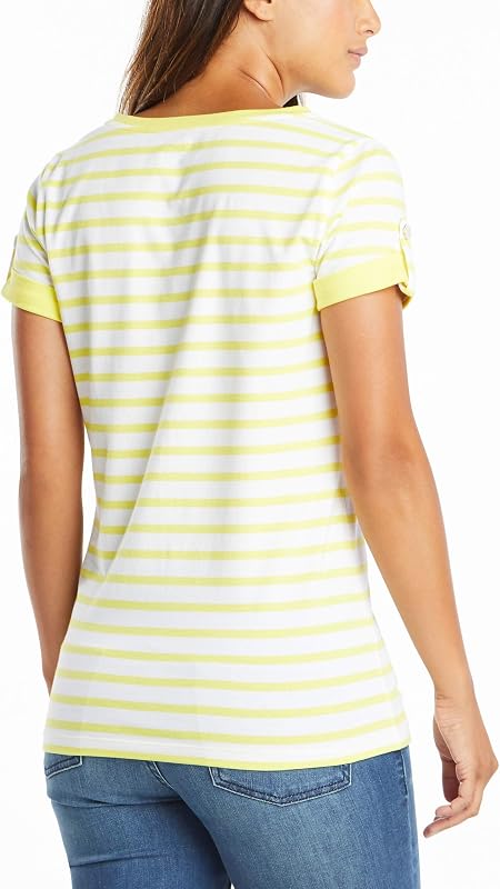 Camiseta de algodón elástico súper Suave a Rayas con Cuello en V Easy Comfort Mujer, Lemon Twist, XS