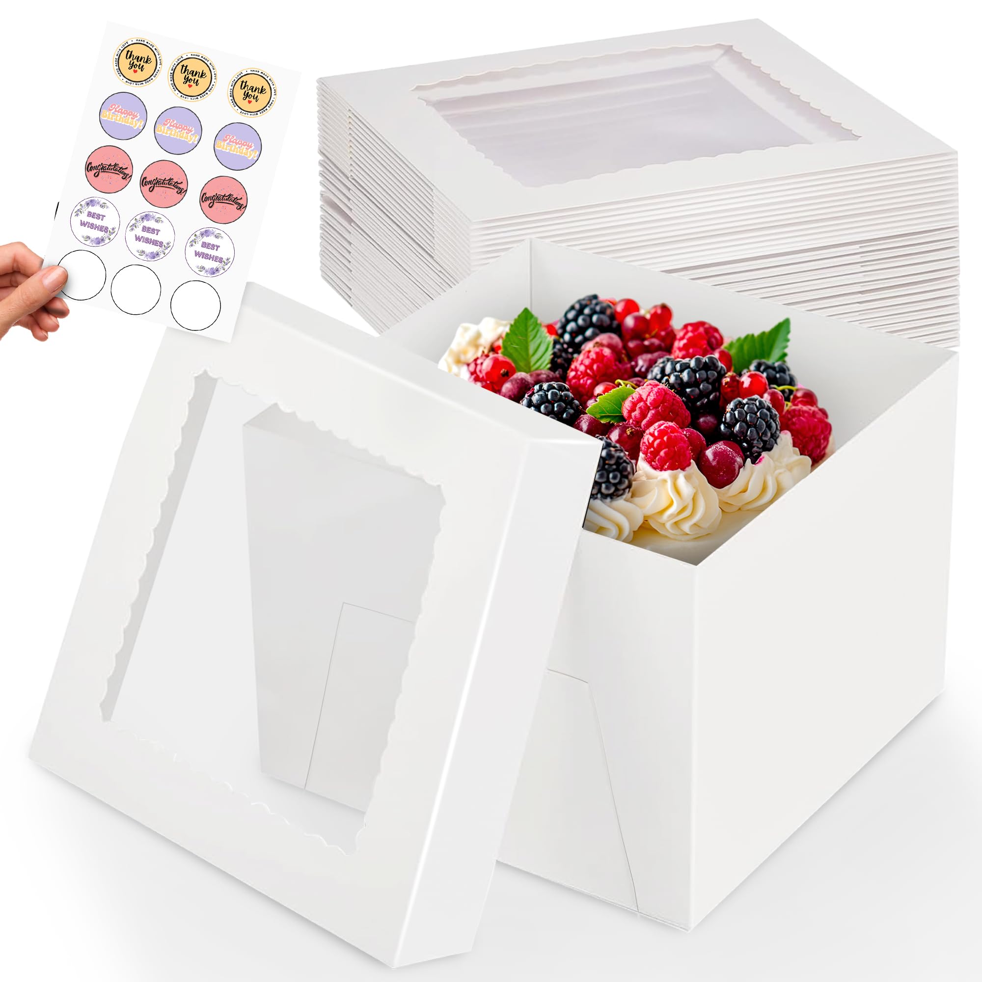 Photo 1 of RICCLE 15pcs Cake Boxes, 10x10x8 Inches Tall Cake Box with Window, Large White Bakery Boxes, Baking Boxes, Square Cardboard Cake Box for Multi-Layer Cakes, Cake Decorating Supplies, Valentines Day
