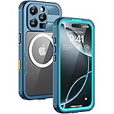 Lanhiem Magnetic for iPhone 16 Pro Max Case, IP68 Waterproof Dustproof Case, [Compatible with Magsafe] [Built-in Screen Protector] Full Body Heavy Duty Rugged Phone Cover 6.9 inch, Blue/Clear