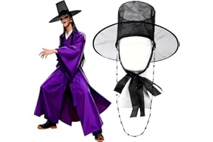 playneeu Korean Gat Hat, Black Mesh Joseon Dynasty Traditional Hat with Chains & Ribbon