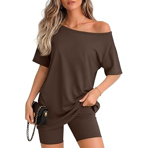 Huukeay 2 Piece Lounge Sets for Women | Summer Shorts Outfits, Oversized Shirt and Biker, Off the Shoulder
