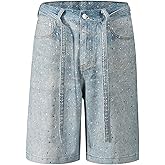 Mens Baggy Rhinestone Denim Jeans Shorts Y2k Oversized Jorts Vintage Loose Fit Shorts Casual Jorts Wide Leg Streetwear