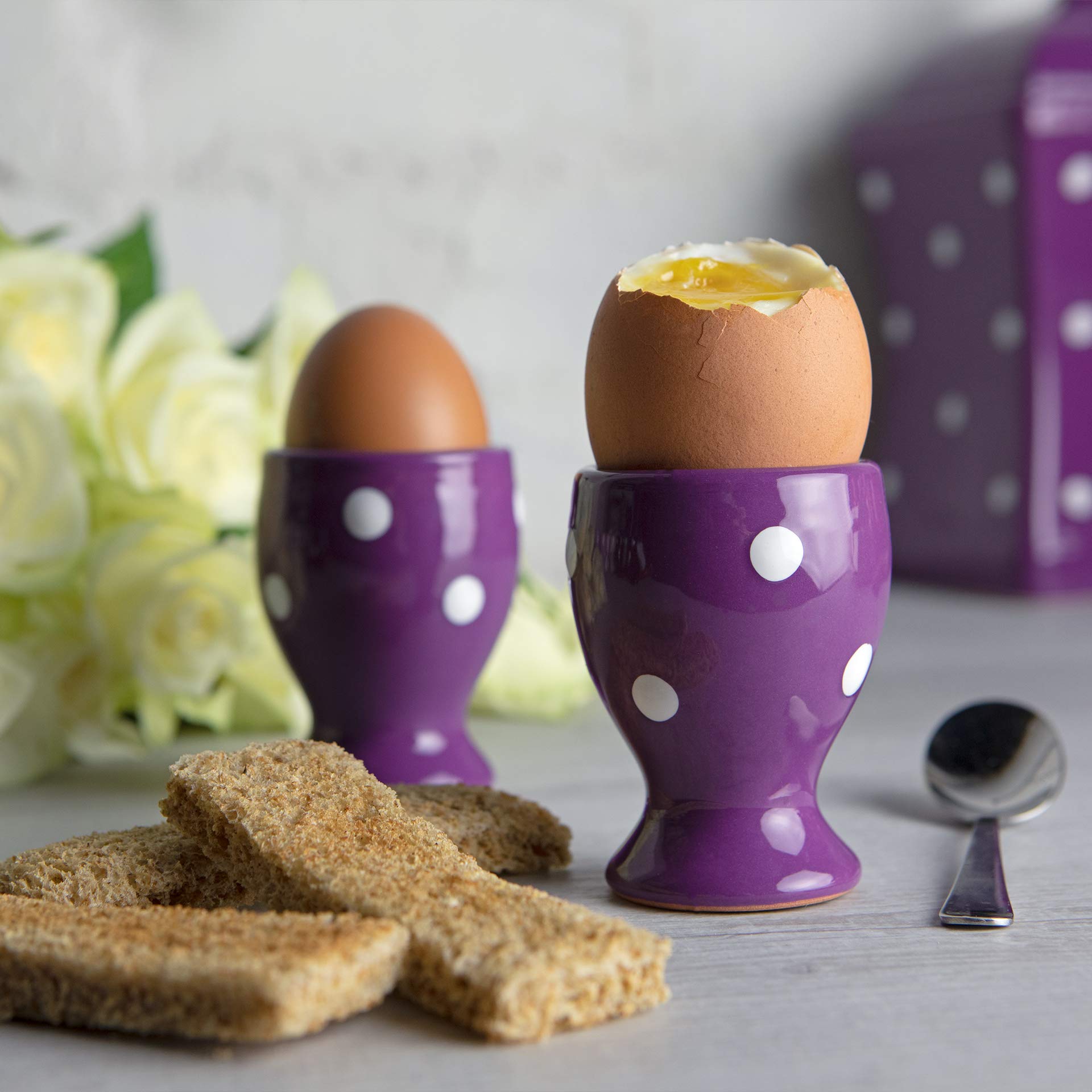 City to Cottage Ceramic Egg Cup Holder Set of 2, Soft Boiled Egg Cups, Hard Boiled Eggs Stand Holders, Breakfast Cooking Kitchen Egg Serving Cup, Handcrafted Egg Cups (Purple Polka Dot)