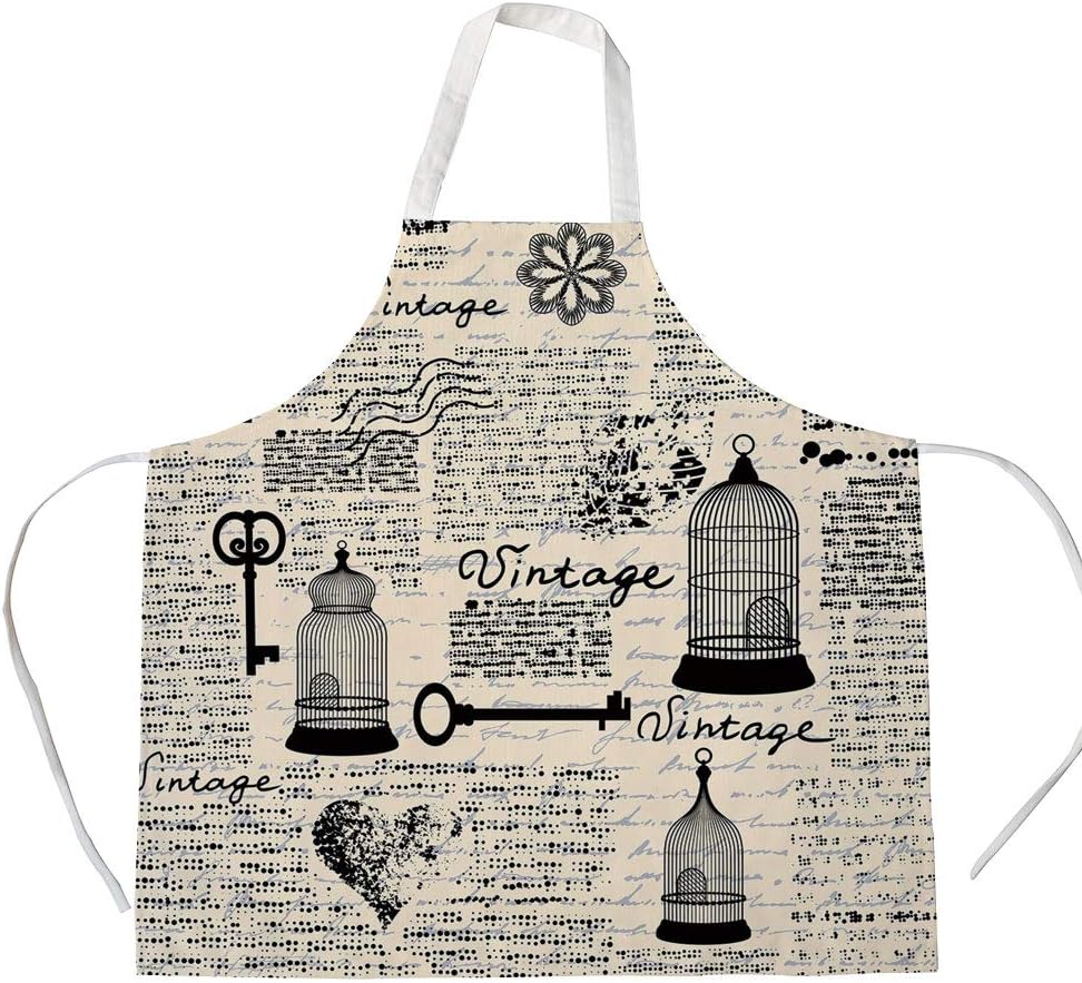 Amazon.com: Old Newspaper Decor 3D Printed Cotton Linen Apron,Grunge Pattern with Bird Cages Keys Heart Shapes and Flower Decorative,for Cooking Baking Gardening,Black Cream Baby Blue: Home & Kitchen