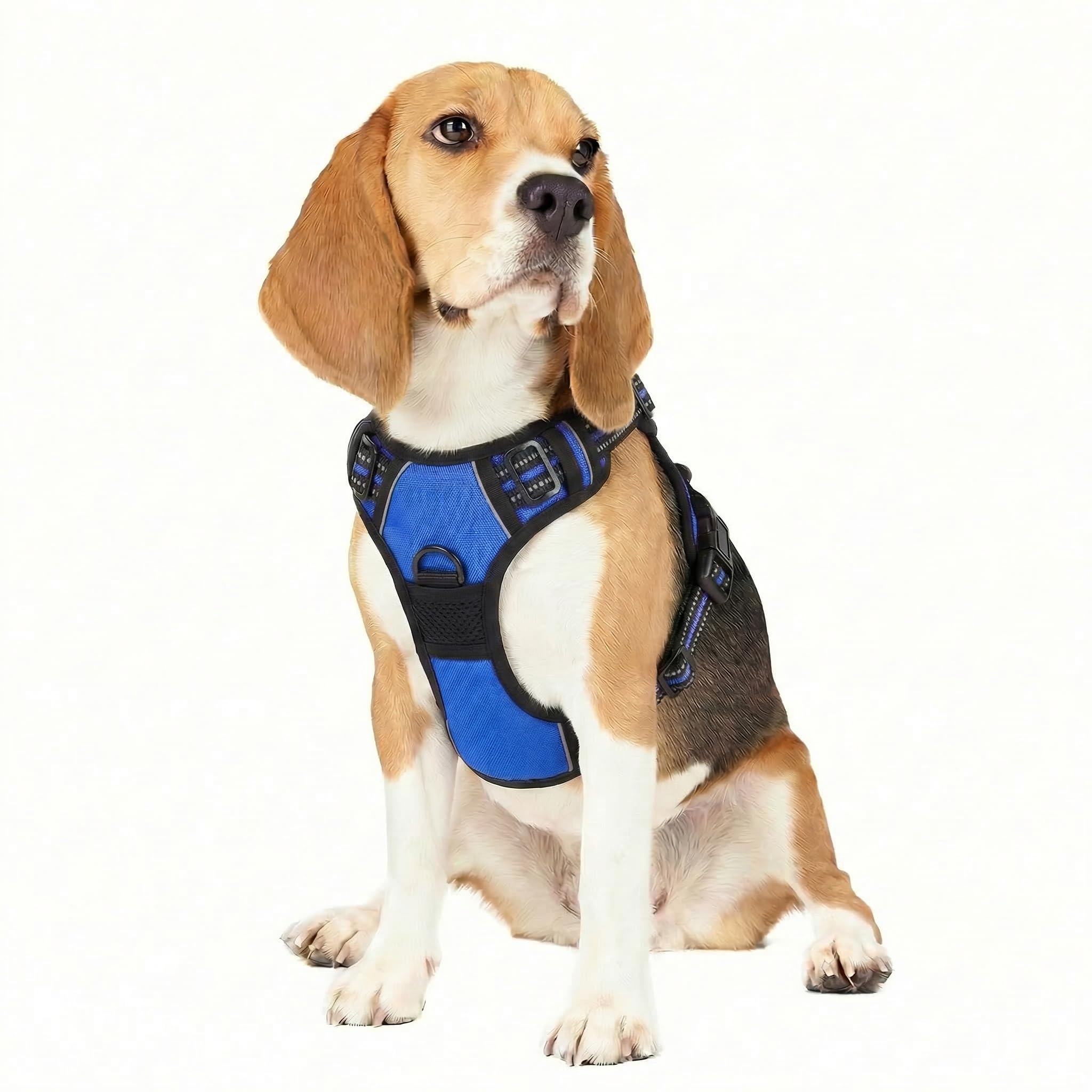 Funfox Dog Harness Medium, 2 Clips No Pull Vest Harness Handle Control, Adjustable Pet Harness with Reflective Strips Outdoor Traction Specialized Chest Harness Safe Walking Dog, Blue, M