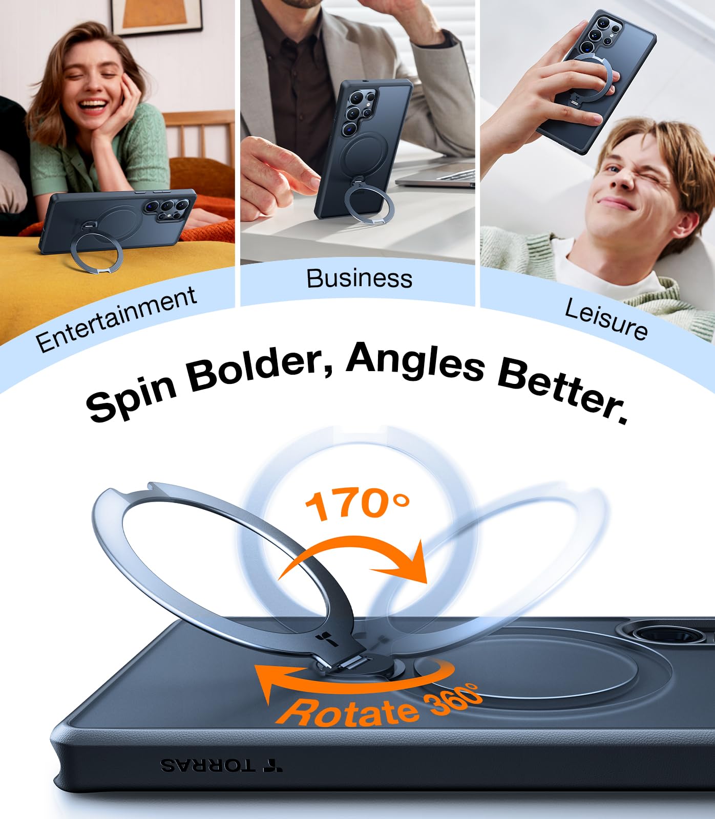 TORRAS 360 Spin Magnetic Stand for Samsung Galaxy S25 Ultra Case, Fit for Magsafe, Military Grade Slim Protective S25 Ultra Case with Kickstand & Ring Holder, Ostand Spin, Translucent Frosted Black