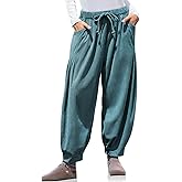 TARSE Womens Baggy Wide Leg Pants Corduroy Casual Drawstring Waist Palazzo Harem Pants with Pockets