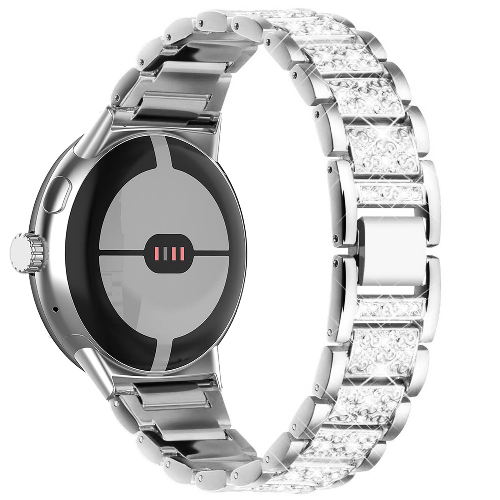 Miimall Bling Strap for Google Pixel Watch 4/3/2/1 41mm (NOT for 45mm) Stylish Crystal Diamonds Rhinestone Wristband for Pixel Watch 41mm, Adjustable Replacement Metal Band for Women Ladies-Silver