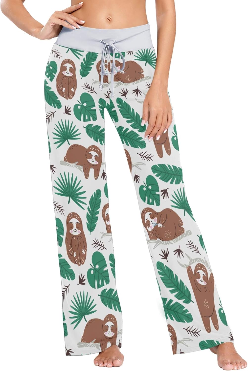 susiyo Cute Happy Sloth Leaves Women Pajama Lounge Pants Comfy Sleepwear Stretch Drawstring Wide