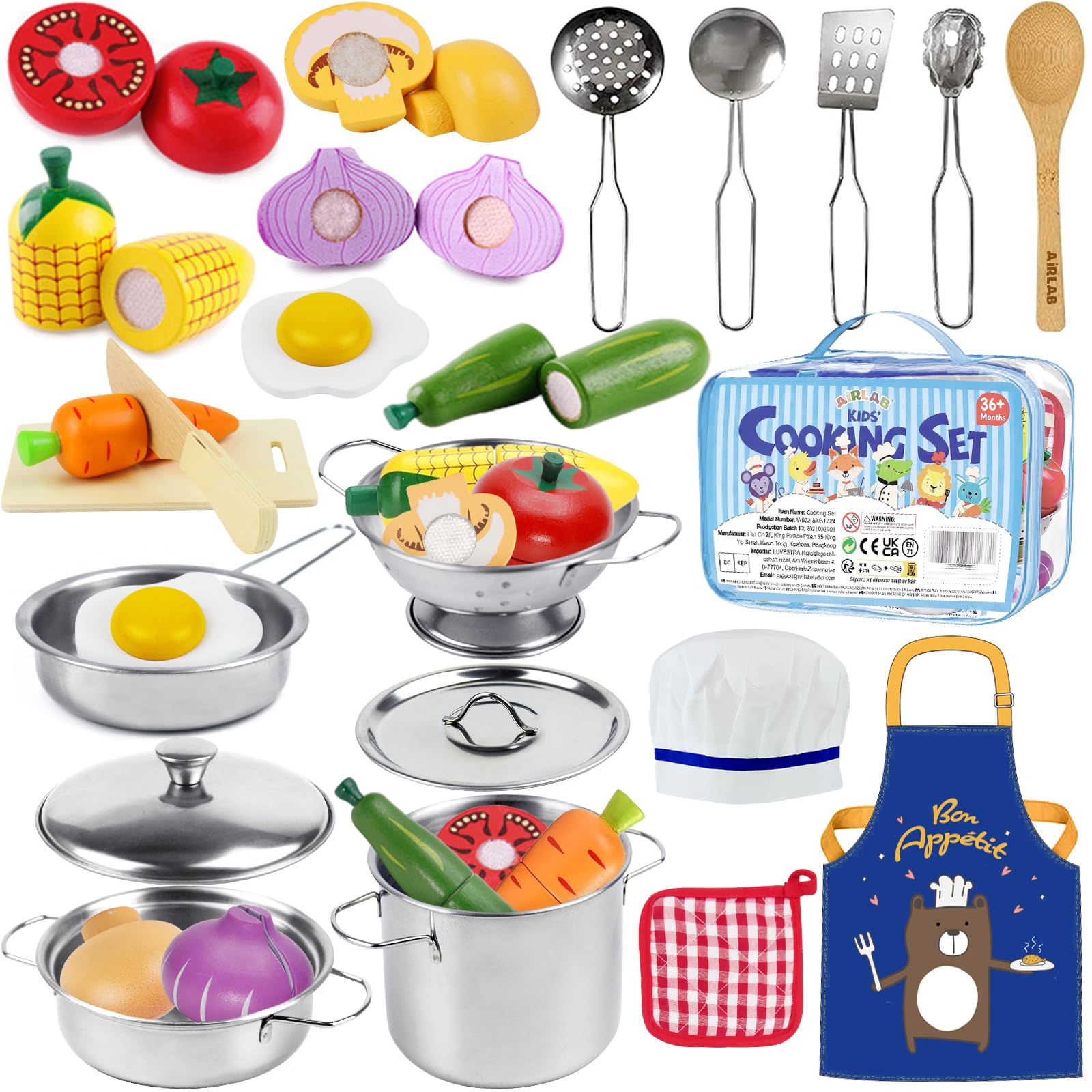 Airlab Kids Kitchen Accessories, Wooden Food Toys Stainless Steel Pots and Pans Playset, Kitchen Utensils Cooking Set with Childrens Chef Hat Apron, Pretend Role Play Food for Boys Girls Toddlers