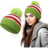 Shihanee Christmas Elf Beanie Hat with Green Furry Pompom White Red Green Striped Knitted Hats for Women Men Santa Costume Winter Accessories Party Supplies