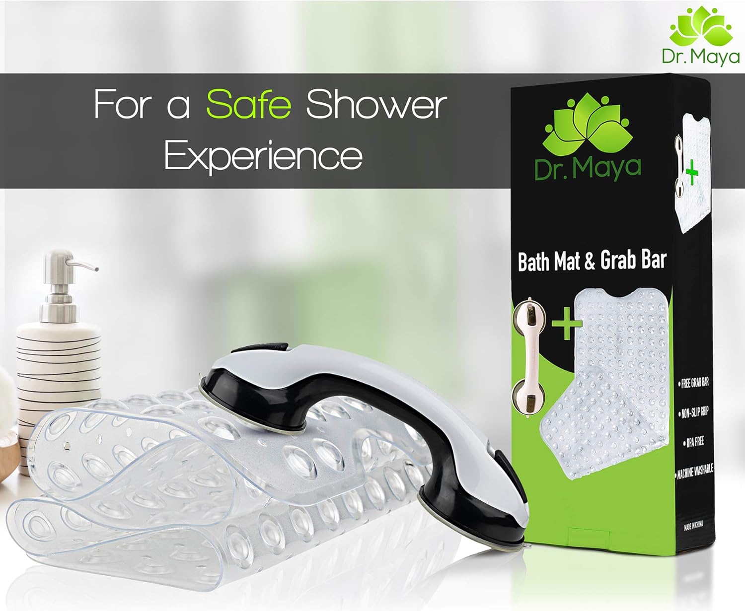 Grab Bars for Bathroom by Dr. Maya - Bath Support with Free Bath Mat - Suction Cup Grip Bar and Shower Handle for Bathtub - Assist Balance Handrail for Tub - Elderly, Seniors, Handicap, Disabled: Health & Personal Care