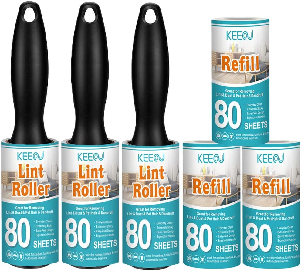 KEEOU Lint Rollers for Pet Hair, [480 Sheets Extra Sticky] Pet Hair Lint Remover with 3 Rollers + 3 Refills, Lint Roller Value Set Brush for Dog & Cat Hair Removal, Clothes, Funitures, Car (6 Pack): Home & Kitchen
