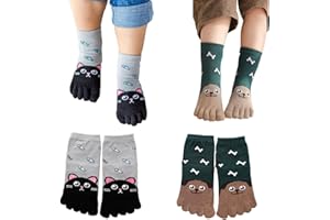 2 Pairs Cotton Five Finger Toe Socks Athletic Casual Cartoon Animal Dog Cat Dress Split Socks for Kids Boys Girls 3-12 Years