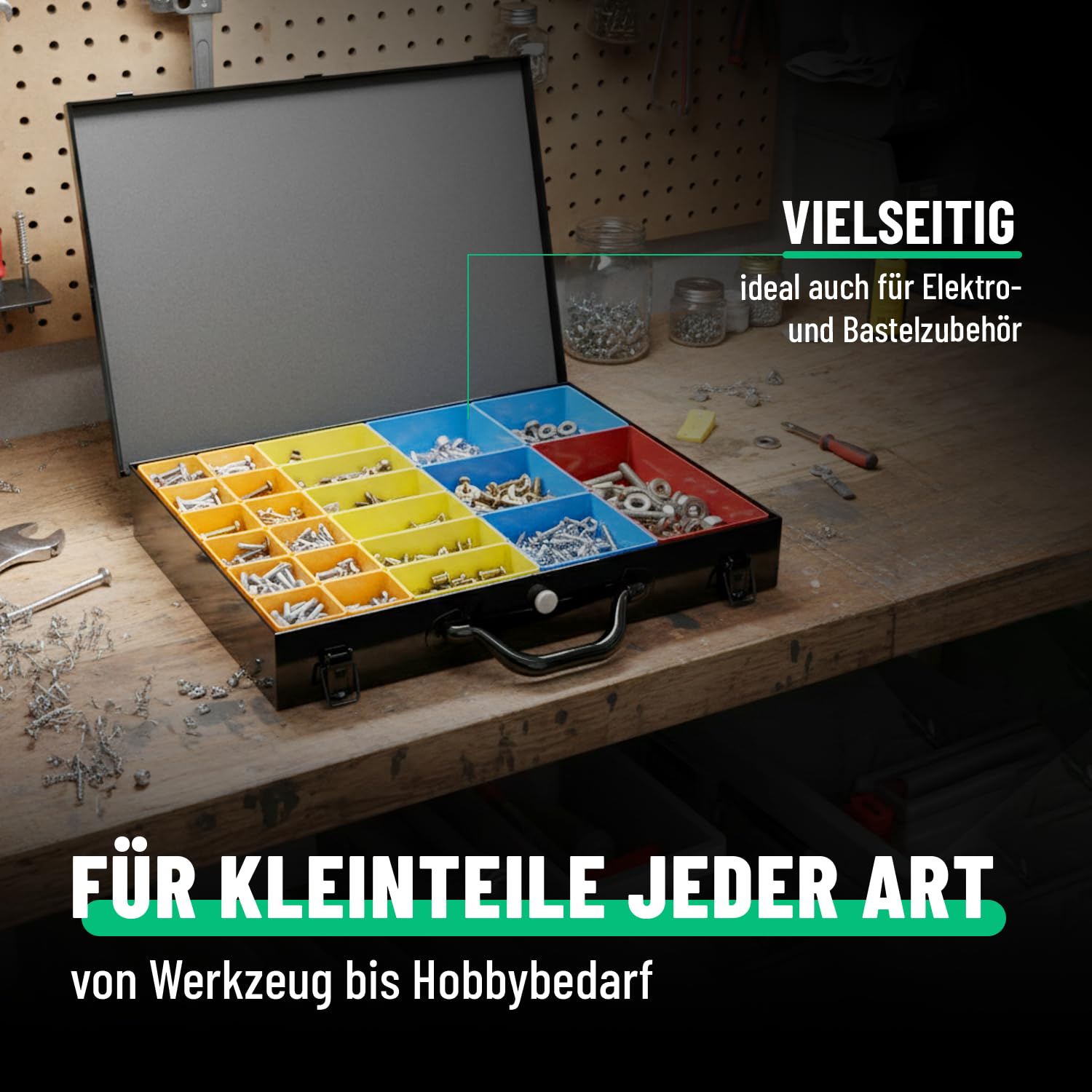 greate Sortimentskasten Metall mit 23 herausnehmbaren Behältern - Kleinteilekoffer leer - Sortimentskoffer als Schraubenkoffer - Schrauben Sortimentbox, Kleinteilemagazin, Werktstatt Organizer 2