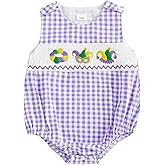 XRTBMN Newborn Boy Mardi Gras Outfit Sleeveless Bubble Rompers Infant Baby Spring Clothes Smocked Gingham Bodysuits
