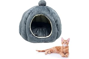 RMNHPTK Cat Bed for Indoor Cats, Cute Pumpkin Style Cat Cave Bed Cat House Tent with Removable Cushion Soft Fluffy Pet Bed for Kitten Small Cat Rabbit Bunny (Gray)