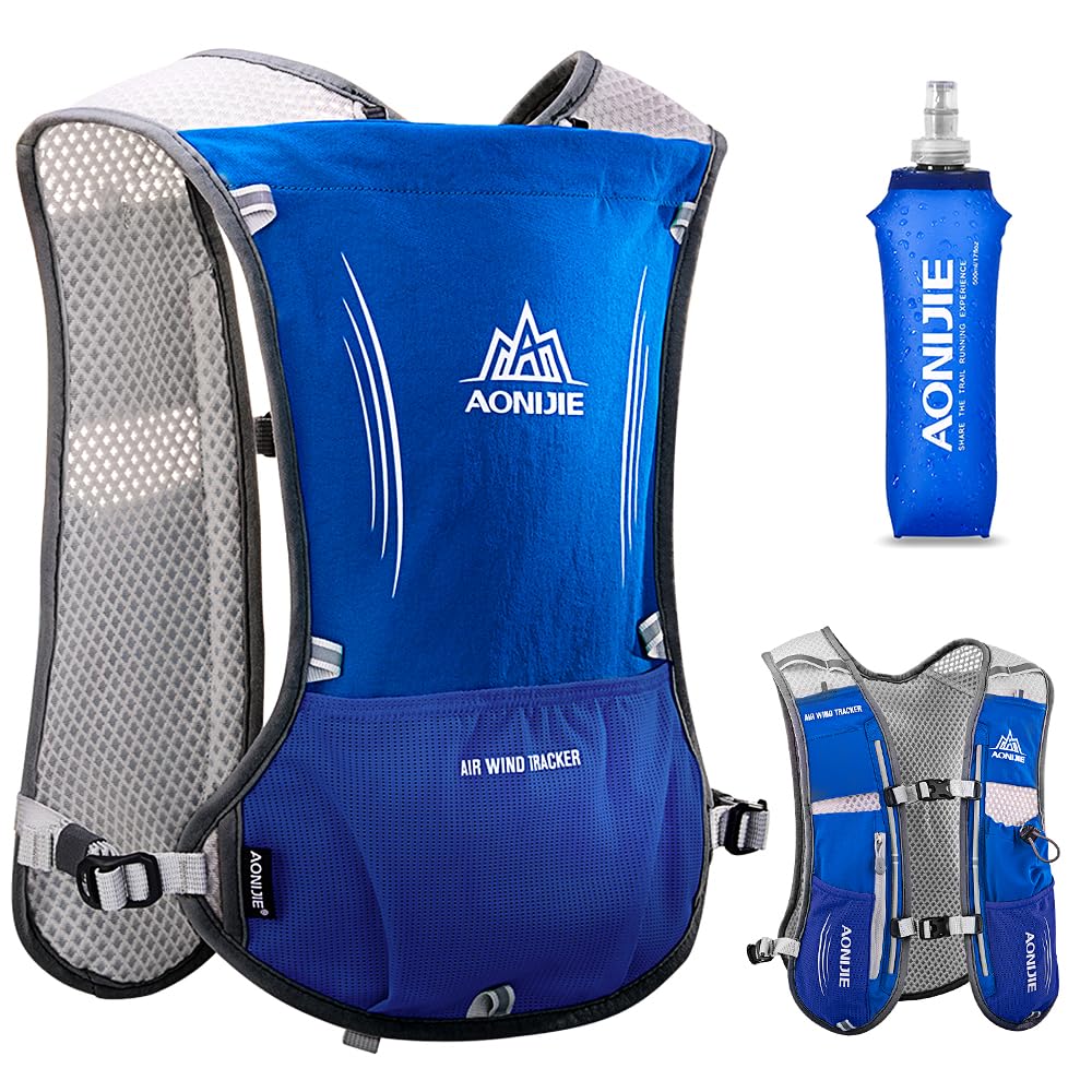 HINATAA Lightweight Running Hydration Backpack, 5L 190g Running Hydration Vest for Women and Men Cycling Running Climbing Hiking Vest Pack (Blue with 500ML water bottle)