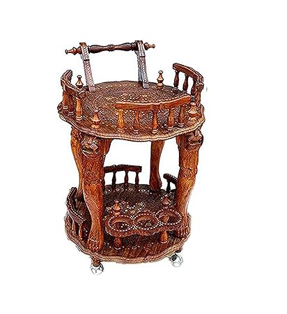 Desi Karigar Wooden Handmade Service Trolley with Brass Inlay Work & Carving