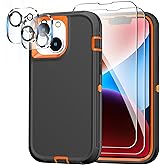 Designed for iPhone 14 Case with 2 x Tempered Glass Screen Protector and Camera Protector, Military Grade Full Body Drop Protective Shockproof Heavy Duty Case for iPhone 14 6.1 Inch (Black Orange)