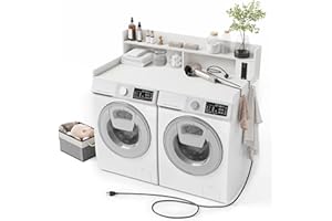 ZYKZYK Upgraded 2-Tier Washer and Dryer Countertop with Power Outlet,54" W x 27.6" D Large Laundry Countertop for Fold Clothes, Laundry Topper with Non-Slip Pads & Metal Hooks and Storage Basket