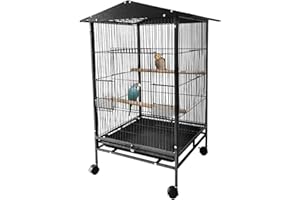 Bird Cage with Wheels, 33inch Bird Flight Cage, Wrought Iron Standing Large Parrot Parakeet Flight Birds Cages with Slide Out