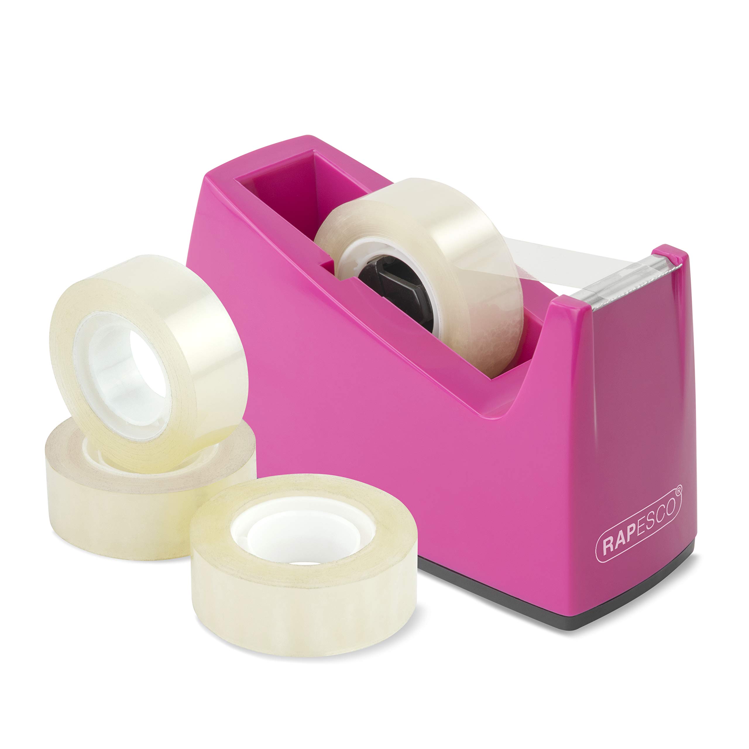 Rapesco 1621 300 Tape Dispenser for Rolls with 1" (25 mm) Core, Includes 4 Tape Rolls, Hot Pink