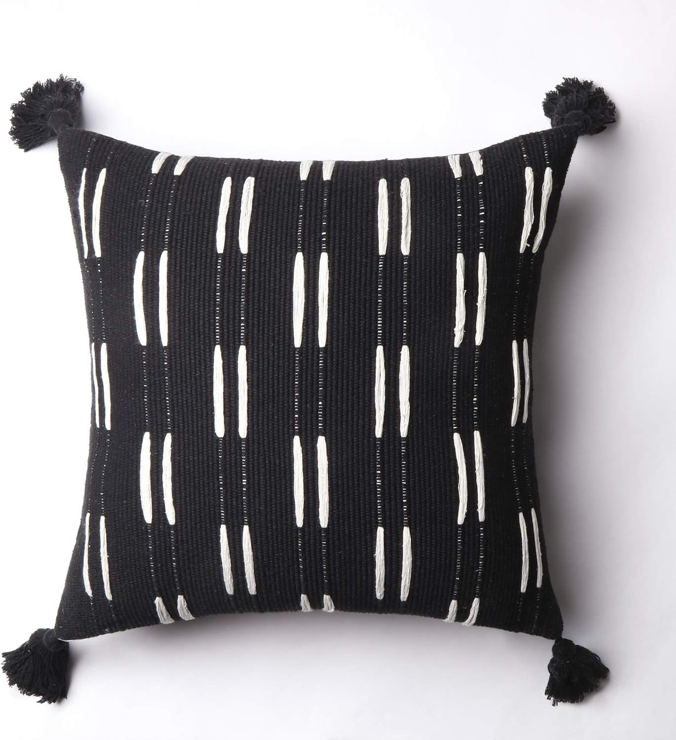Ailsan Boho Stripe Decorative Throw Pillow Cover Cotton Woven Stripe Line Tribal Pillow Covers Cute Modern Tassel Lumbar Cushion Cases for Sofa Couch Bedroom Car Living Room (18" x 18", Black)