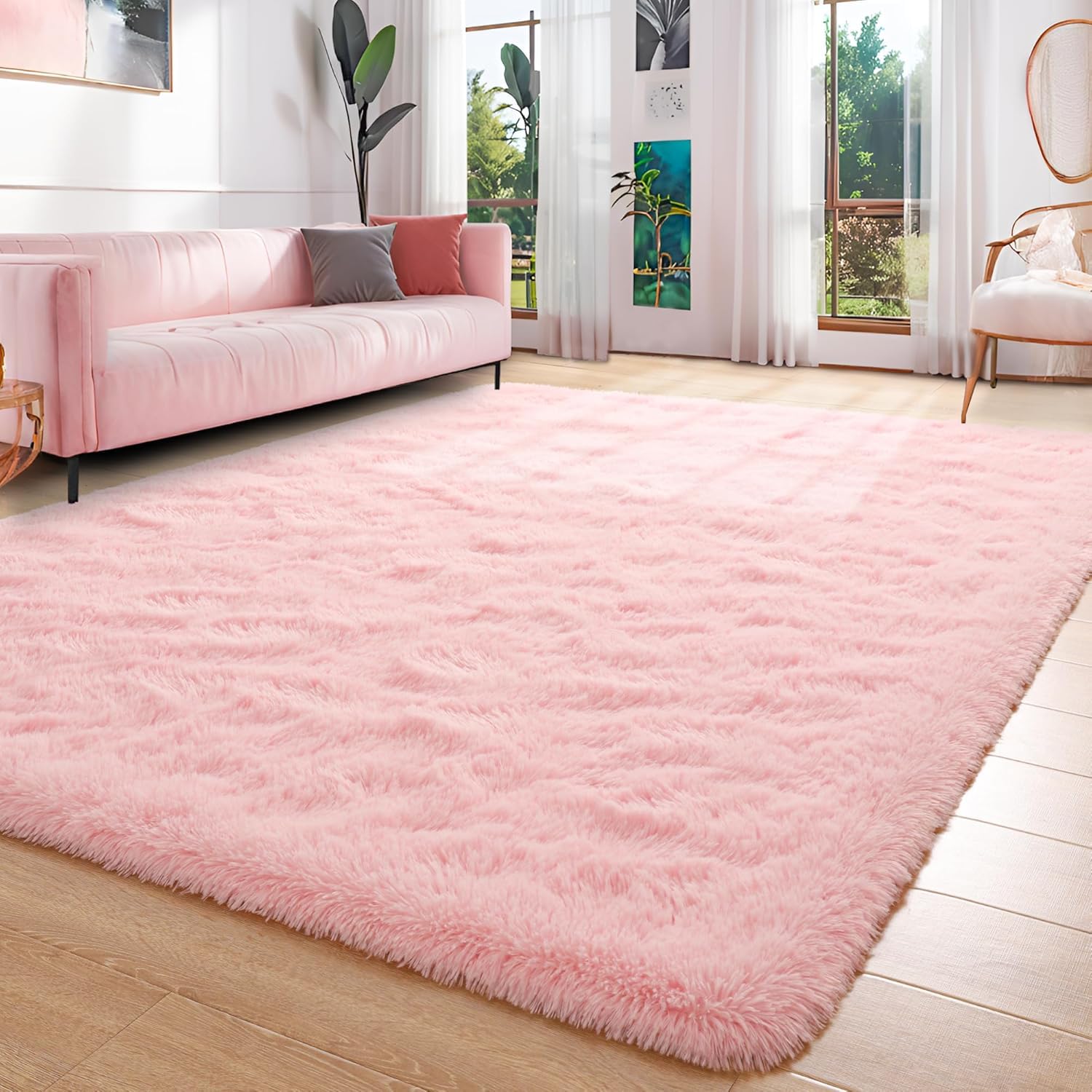 Oxford Homeware Rugs Living Room 120 x 170 cm – Fluffy Shaggy Pink Area Rugs for Bedroom, Lounge – Soft Anti Slip Washable Rug Modern Floor Carpets Bedside Rug for Kids Room
