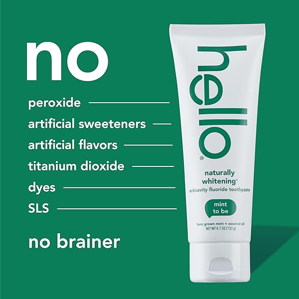 HELLO NATURALLY WHITENING FLUORIDE TOOTHPASTE, NATURAL WHITENING TOOTHPASTE WITH COCONUT OIL AND TEA TREE OIL, TAMES BAD BREATH, HELPS MOISTURIZE, AND FIGHTS CAVITIES, MINT, 3 PACK, 4.7 OZ TUBES