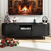 69" Mid-Century TV Stand with Power Outlet, Fluted Entertainment Center with Storage Drawer, TV Console with Sliding Door and Adjustable Shelves, TV Stand up to 80" for Living Room, Bedroom, Black